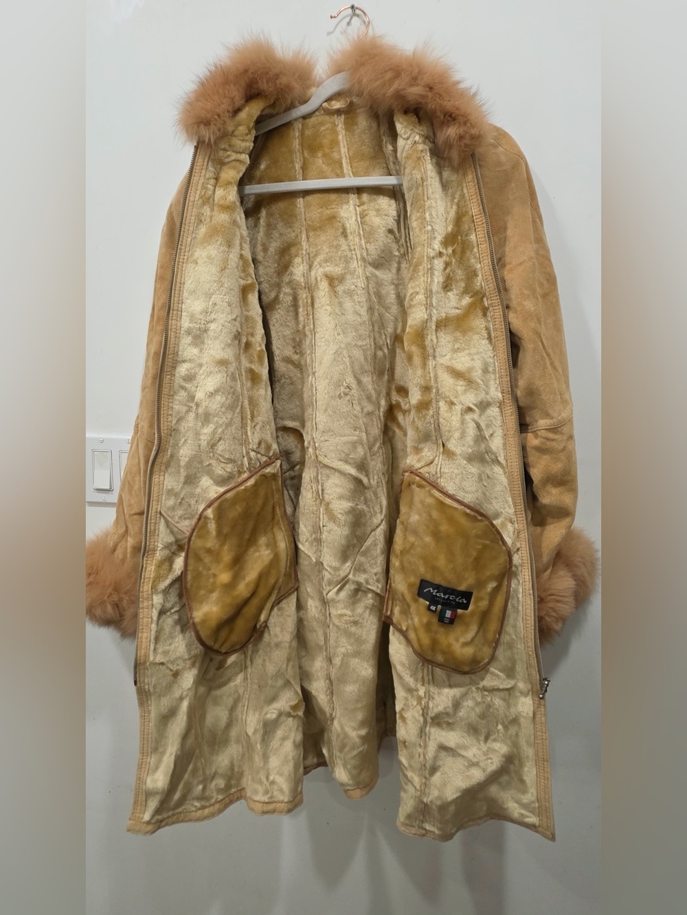 Women's Tan Suede Shearling Coat with Fur Trim